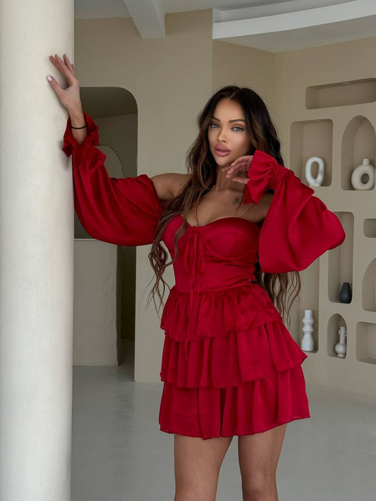 Red chiffon bustier dress