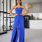 Blue corset jumpsuit with slits