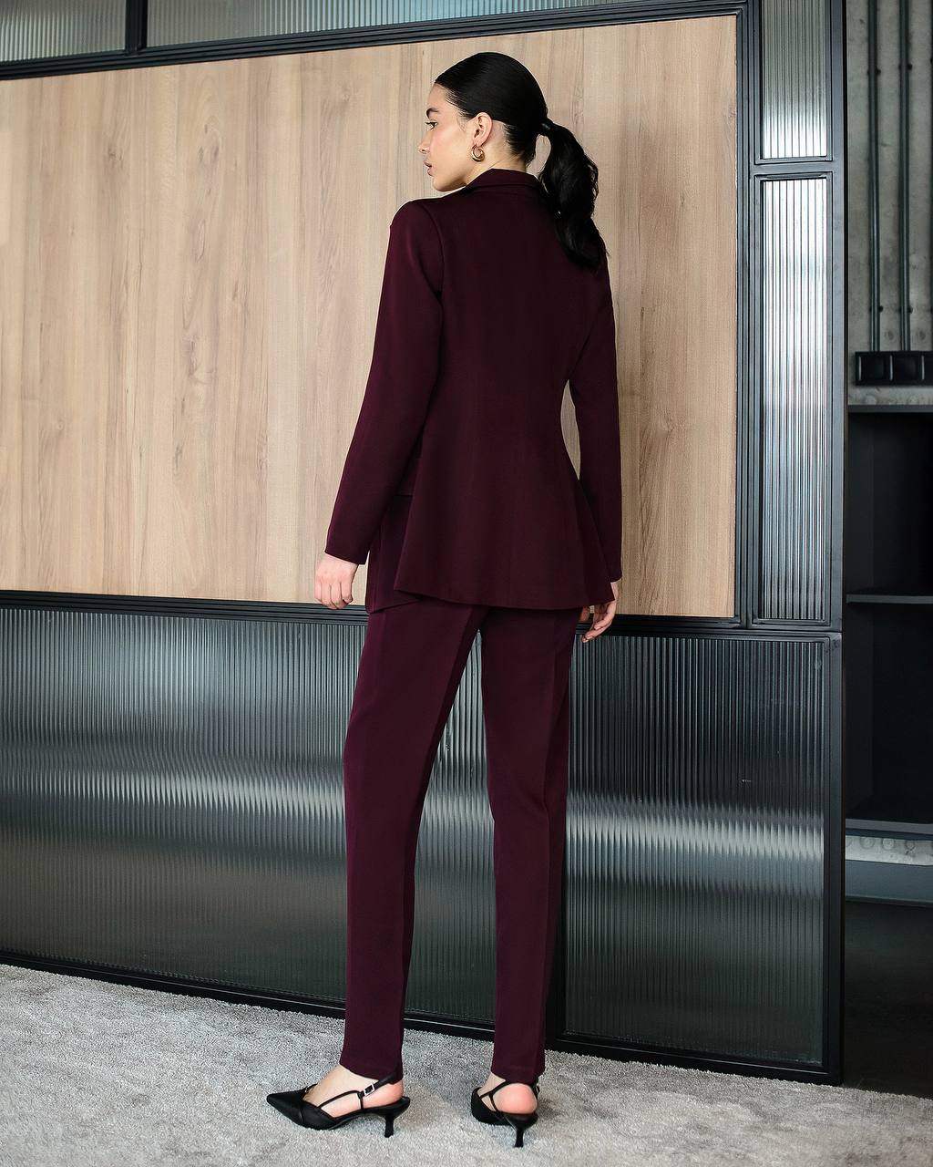 Burgundy three-piece suit with vest