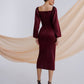 Burgundy satin dress with voluminous sleeves