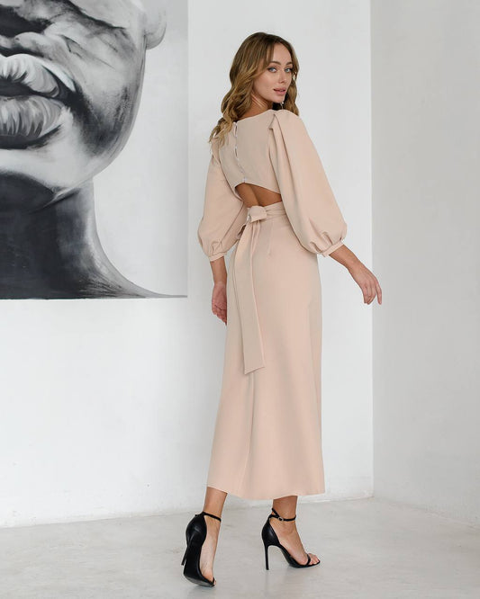 Beige midi dress with an open back