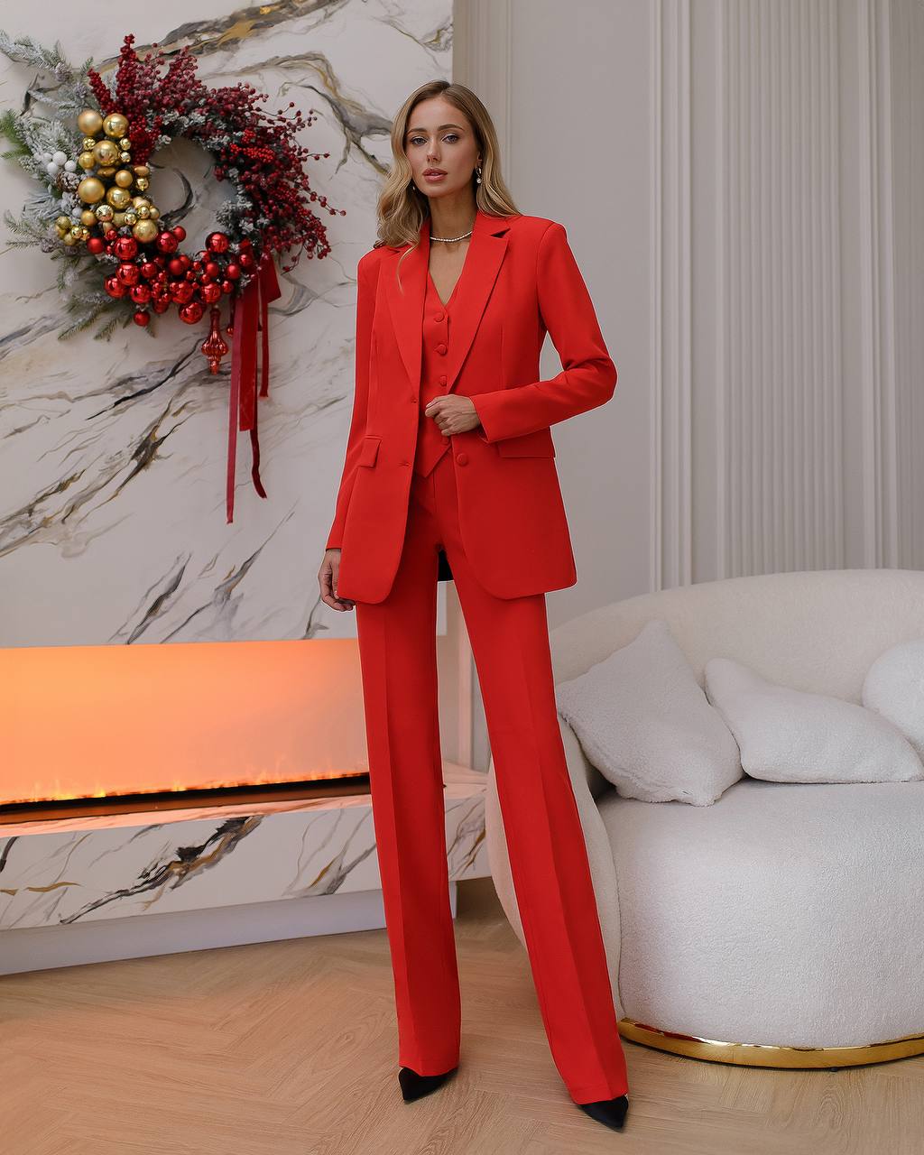 Red three-piece suit with vest and straight pants