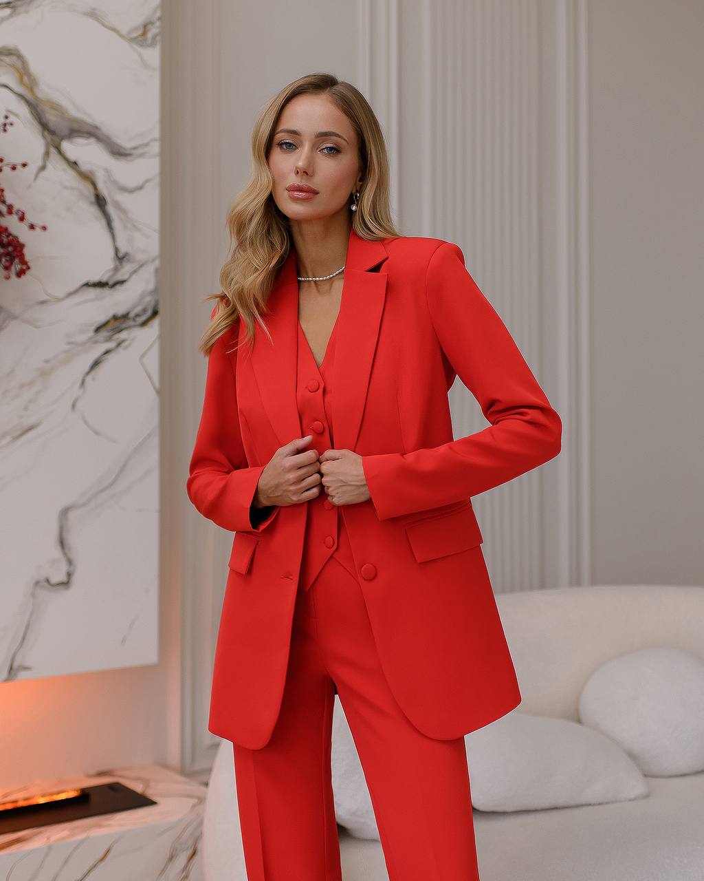 Red three-piece suit with vest and straight pants