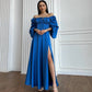 Blue satin maxi dress with slit