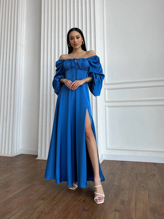 Blue satin maxi dress with slit