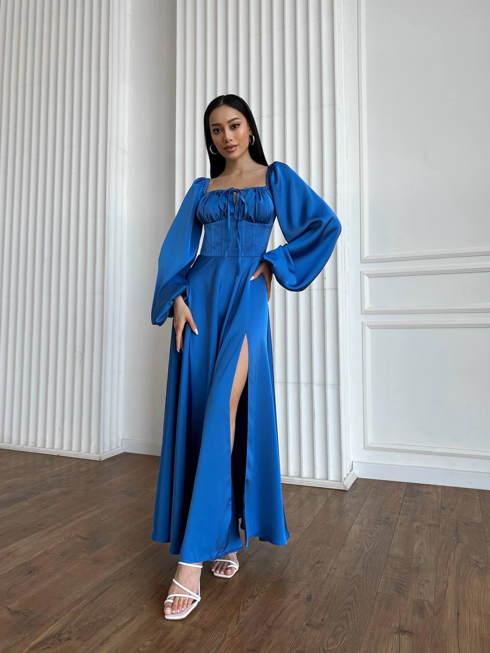 Blue satin maxi dress with slit