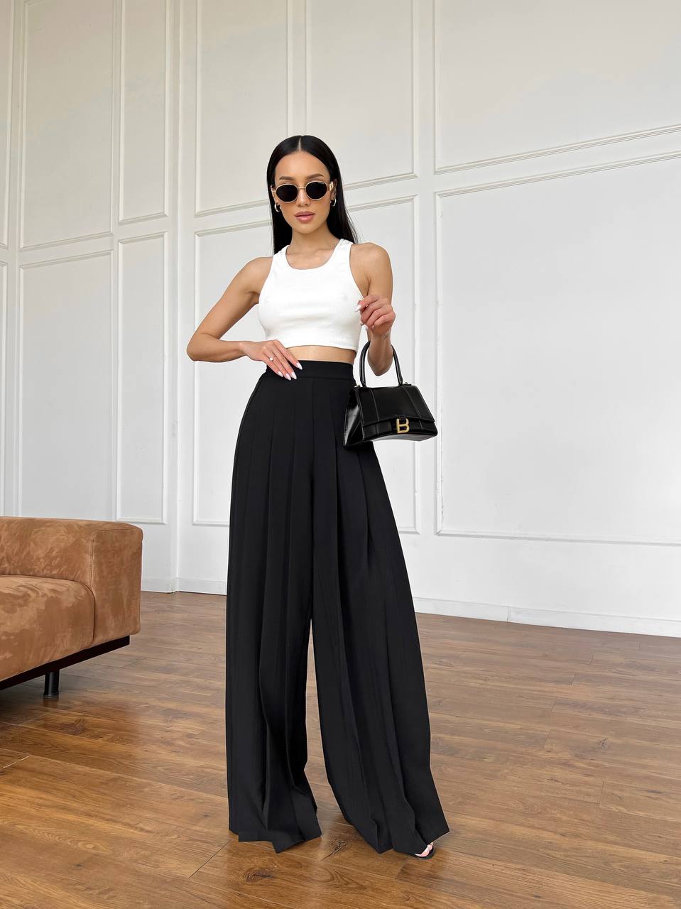 Black pleated palazzo pants