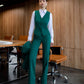 Green three-piece suit with waistcoat and straight trousers