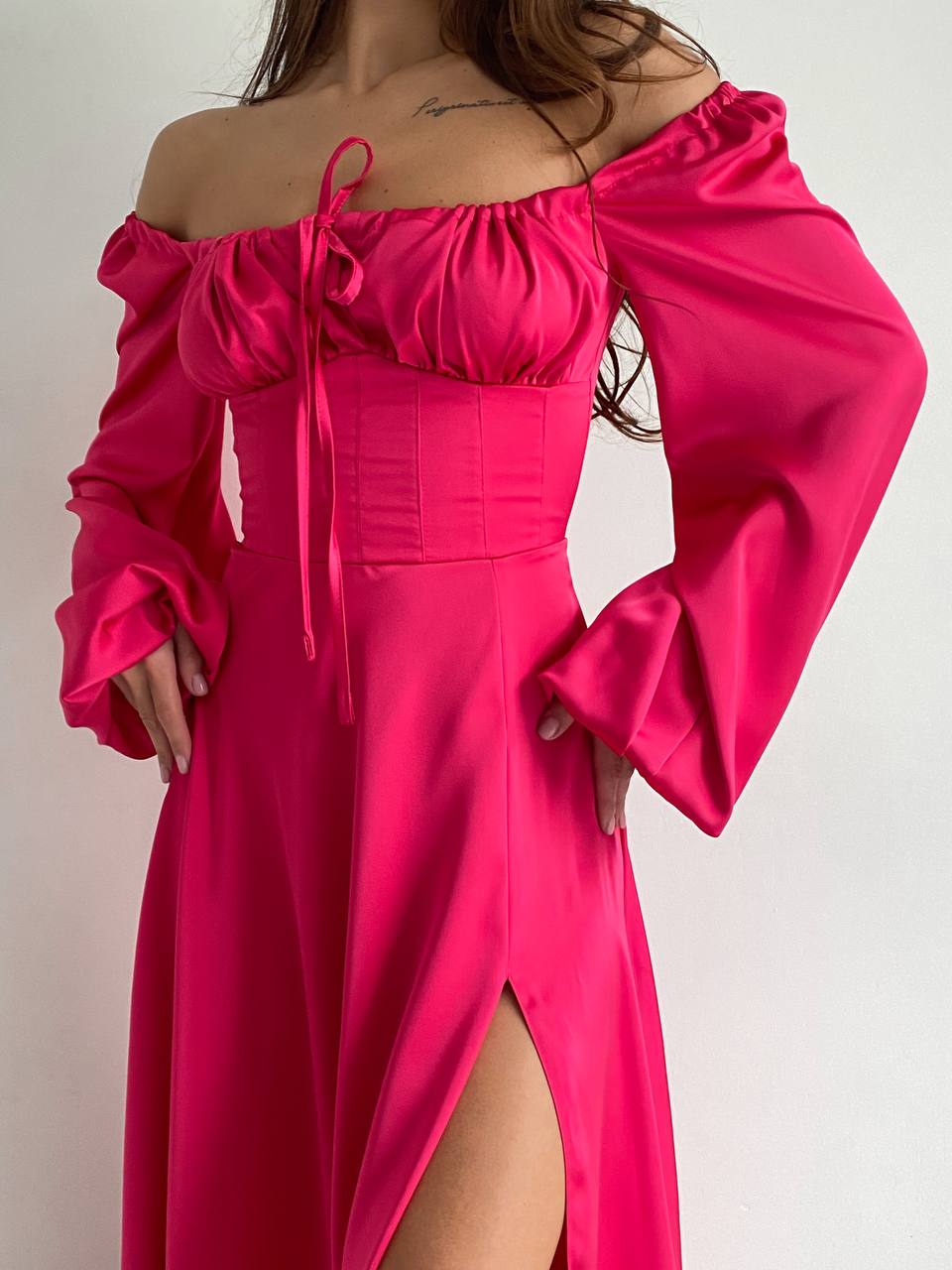 Raspberry satin maxi dress with slit