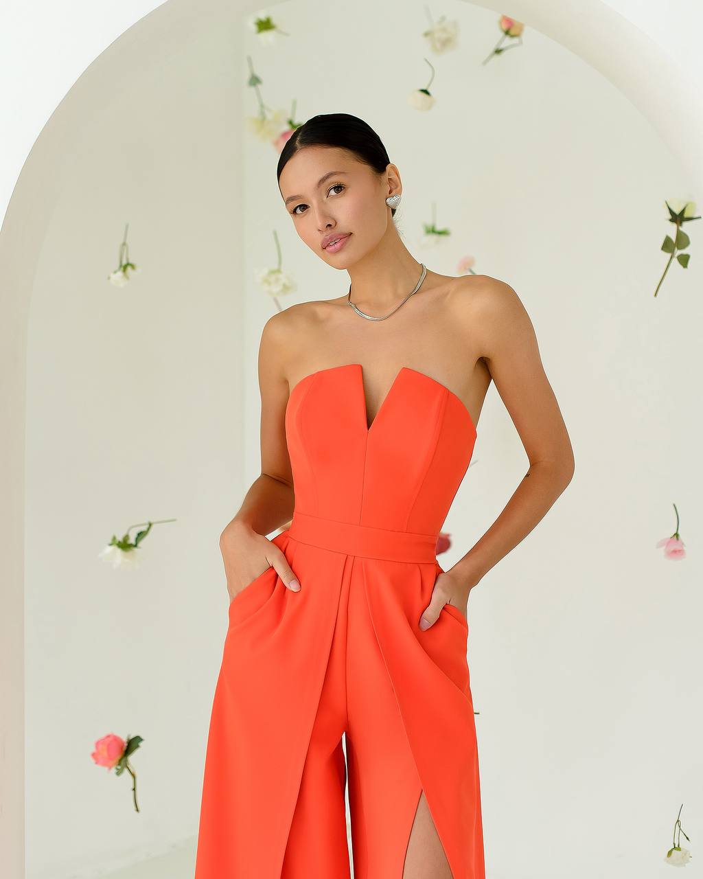 Coral corset jumpsuit with slits