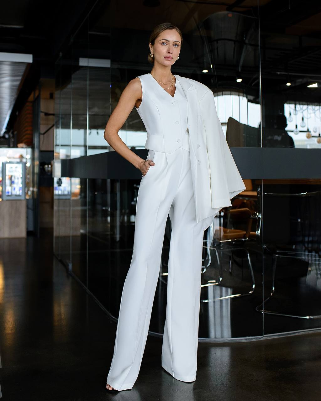 Three-piece milk suit with vest