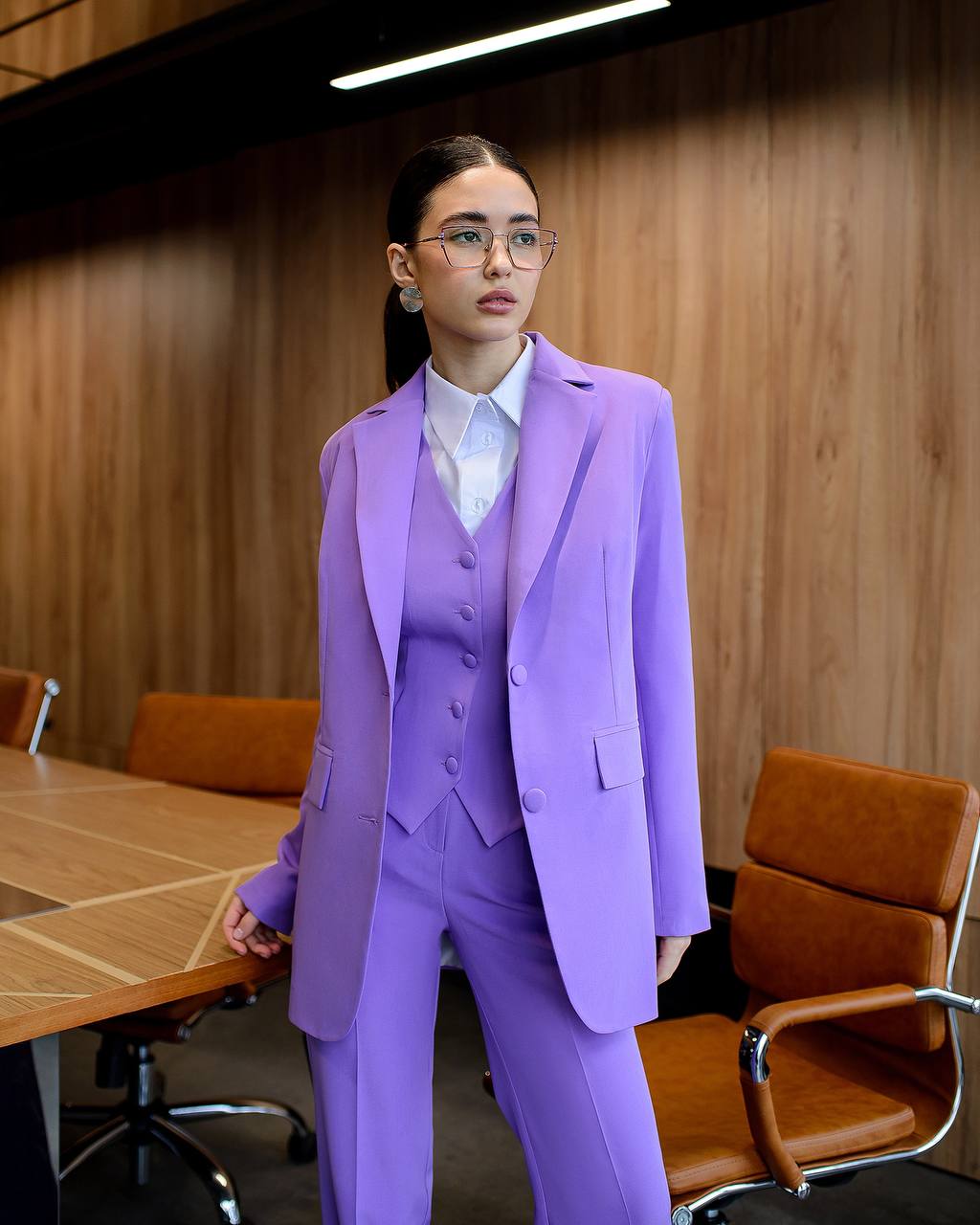 Purple three-piece suit with vest and straight pants