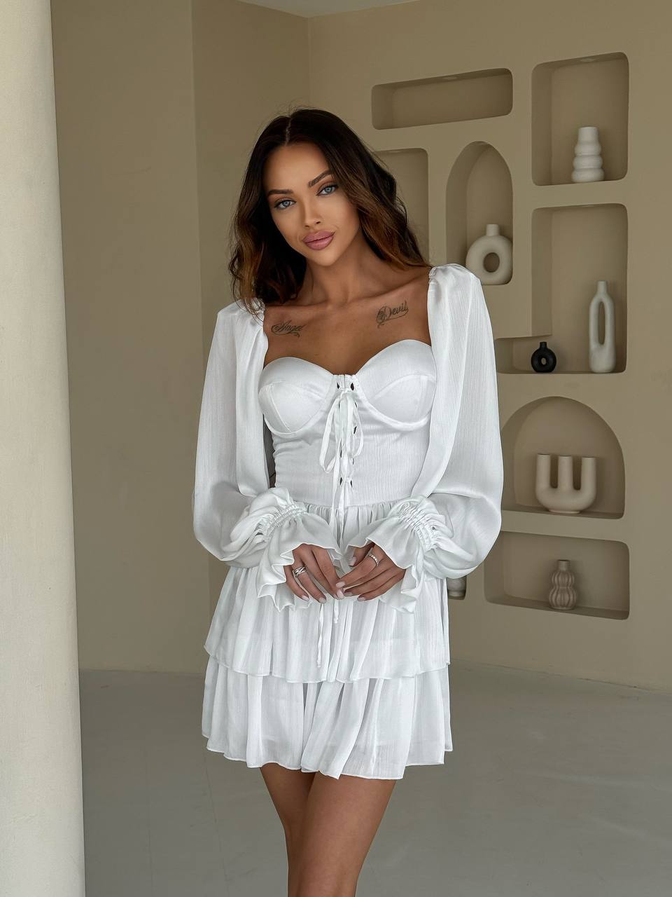 White chiffon bustier dress