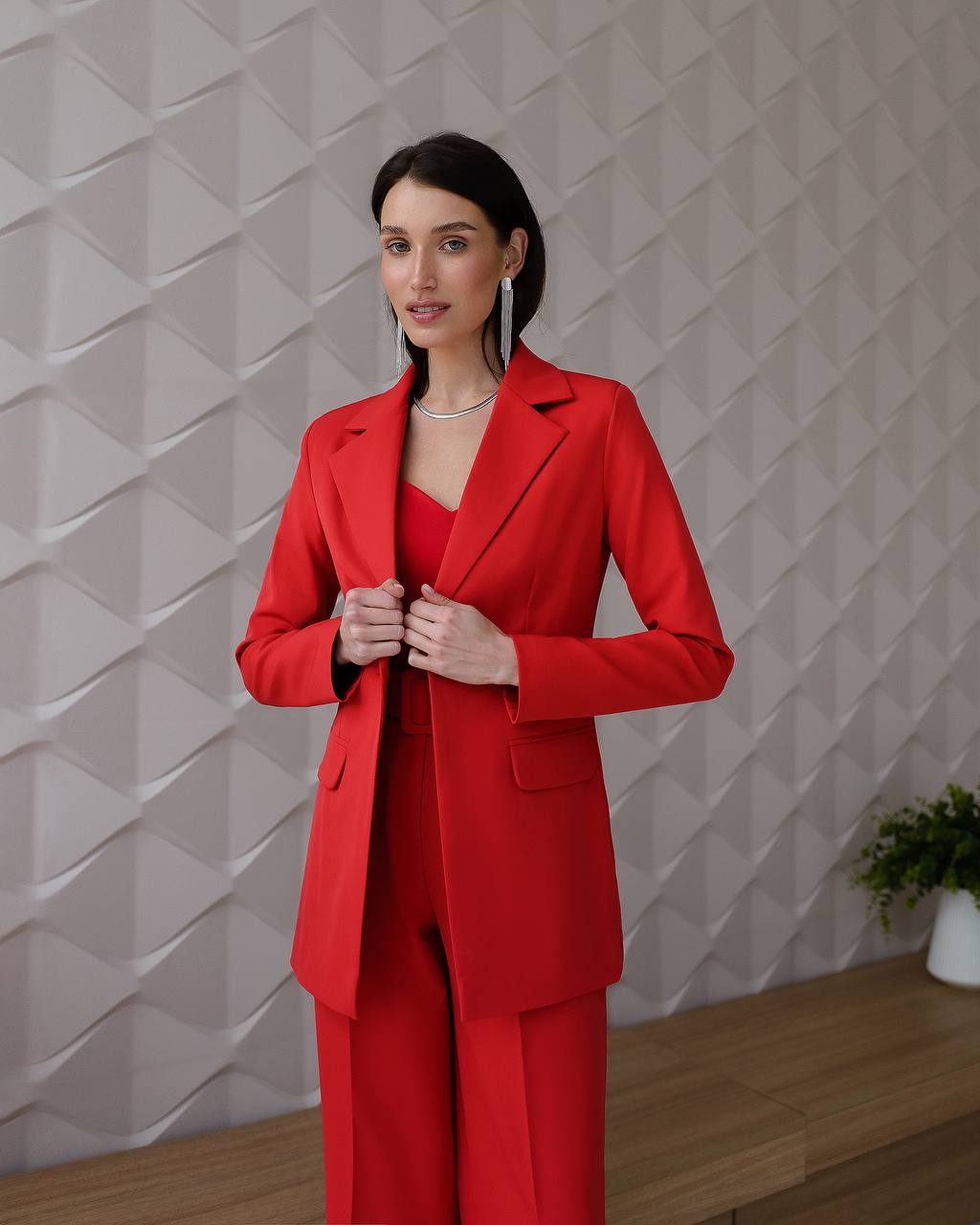 Red suit with wide pants and belt included