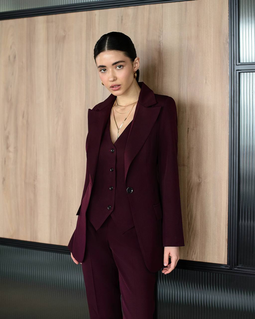 Burgundy three-piece suit with vest