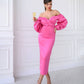 Raspberry satin dress with voluminous sleeves