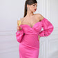 Raspberry satin dress with voluminous sleeves