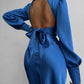 Blue midi dress with bow and open back