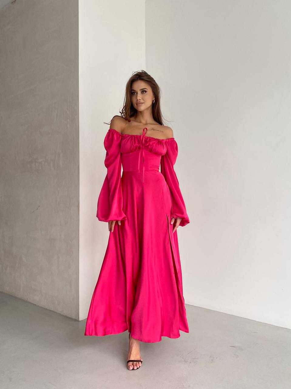 Raspberry satin maxi dress with slit