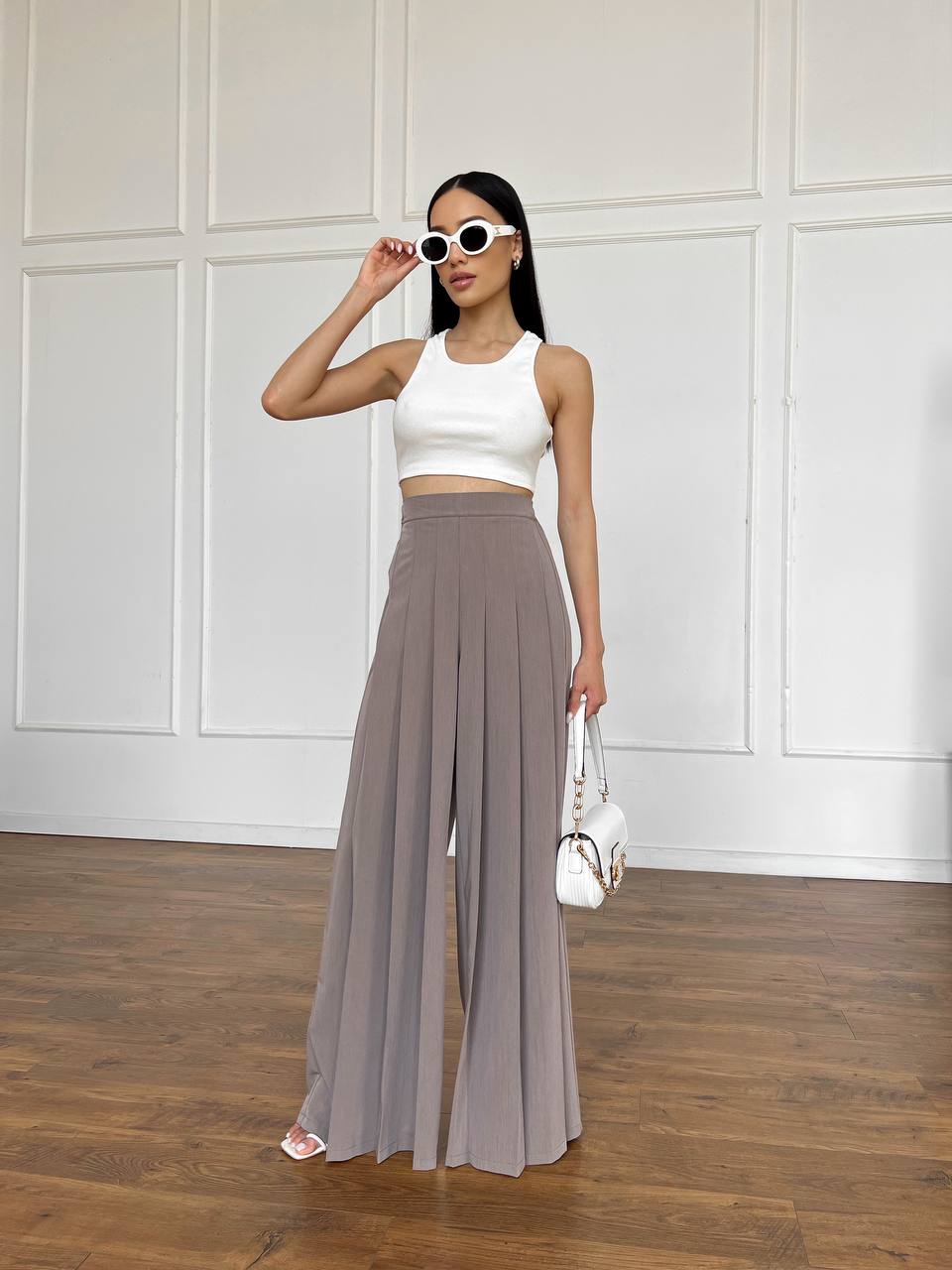 Palazzo pants with mocha melange pleating