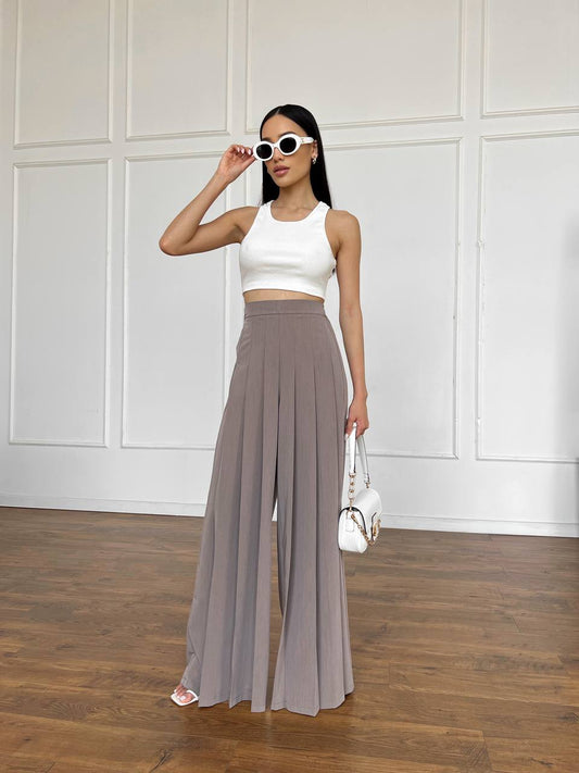 Palazzo pants with mocha melange pleating