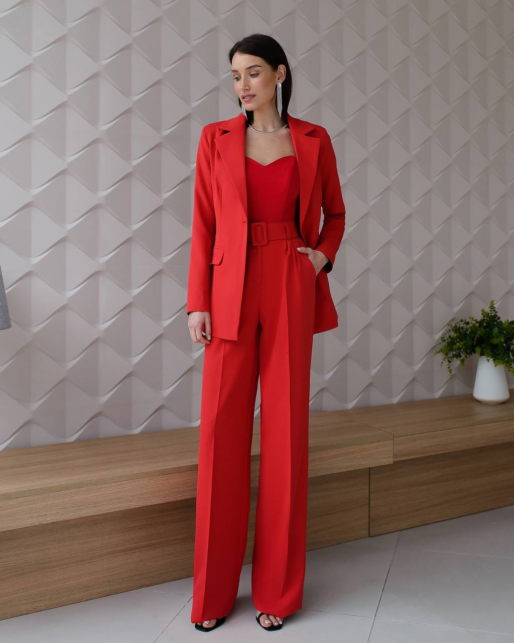 Red suit with wide pants and belt included