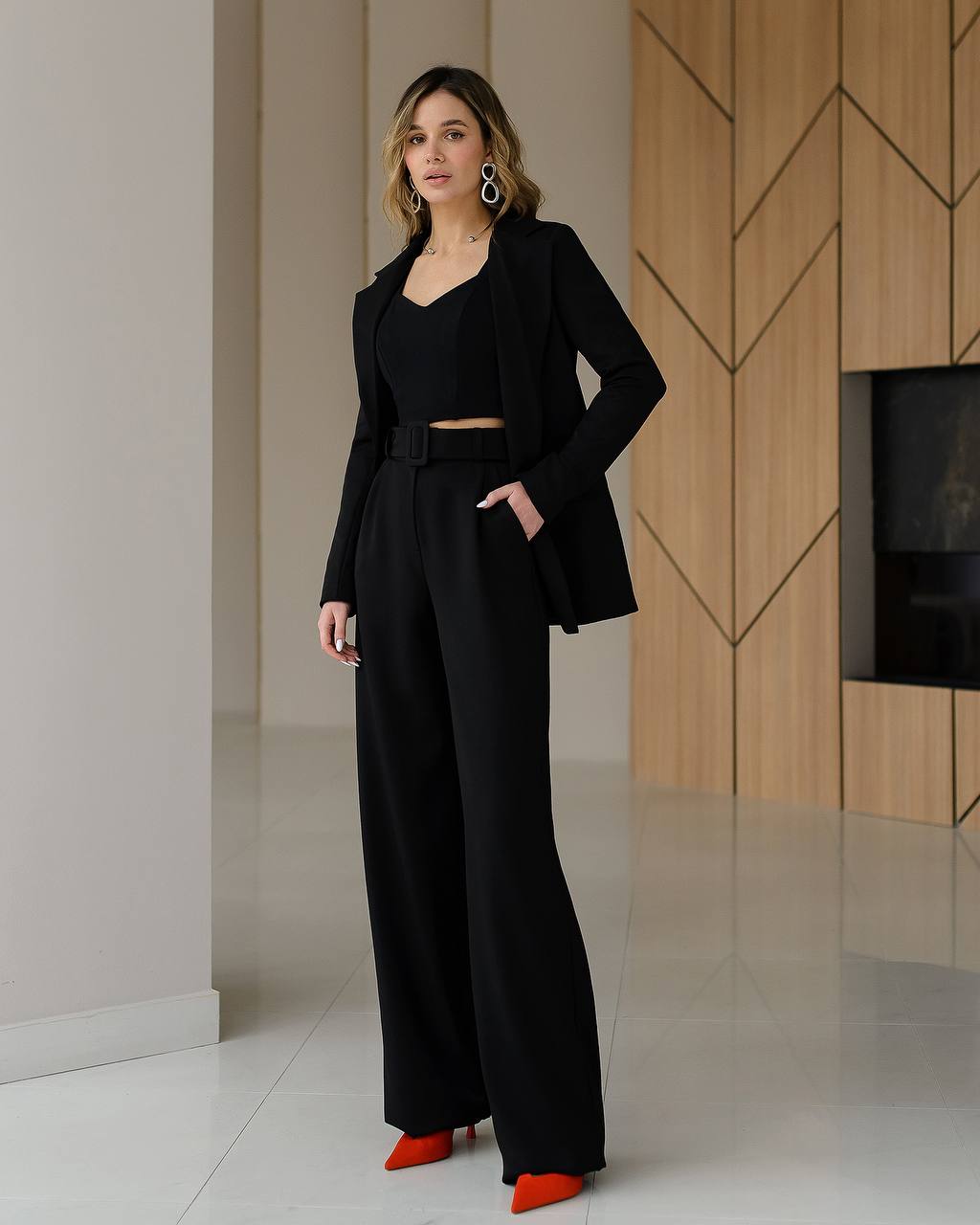 Black suit with wide pants and belt included