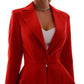 A red suit with a peplum jacket and flared pants