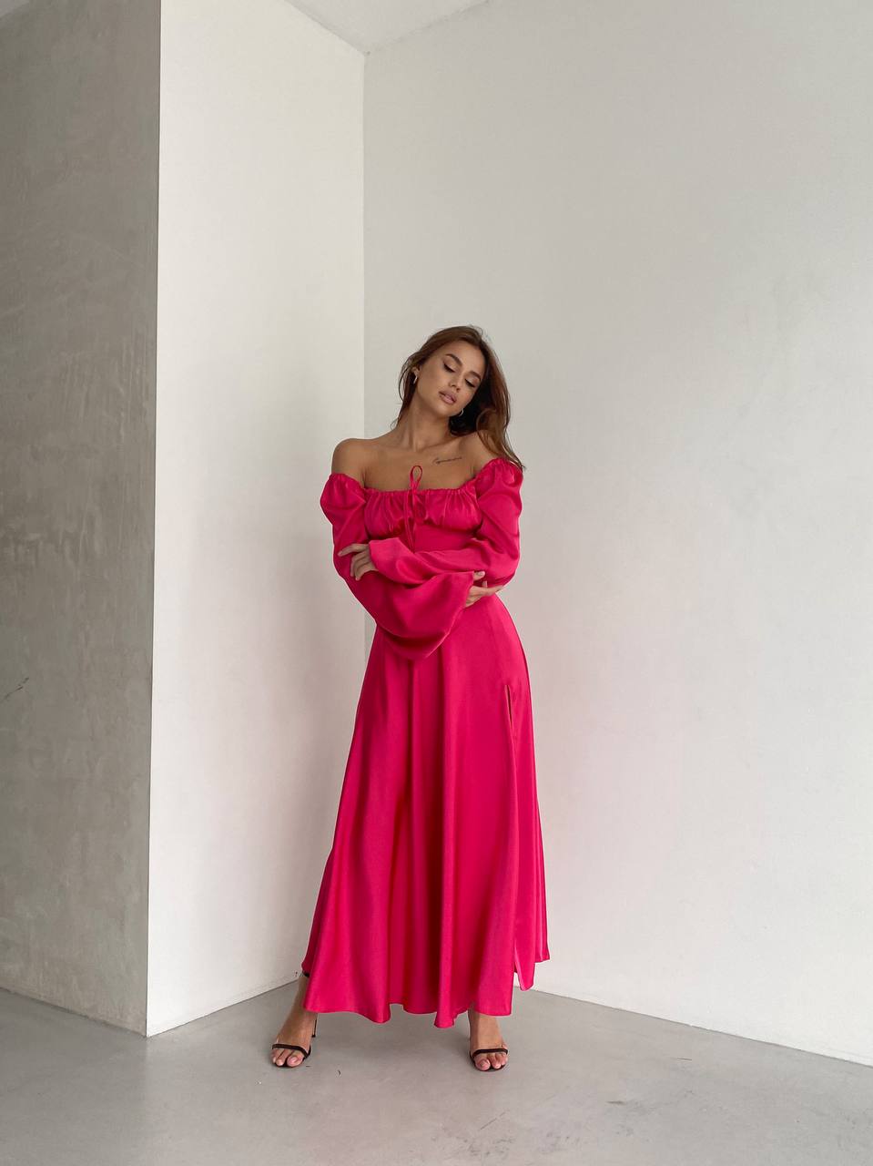 Raspberry satin maxi dress with slit