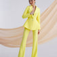 A yellow suit with a peplum jacket and flared pants