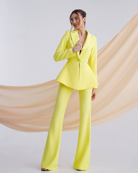 A yellow suit with a peplum jacket and flared pants