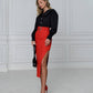 Red pencil skirt with a slit