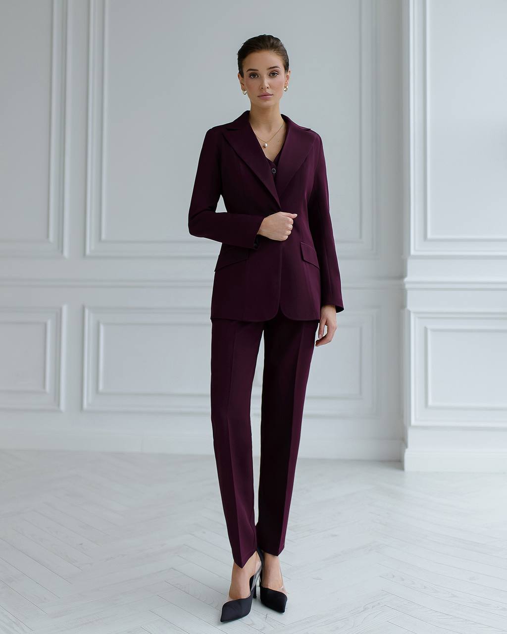 Burgundy three-piece suit with vest