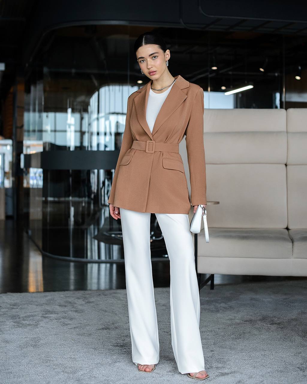 Caramel jacket with a belt