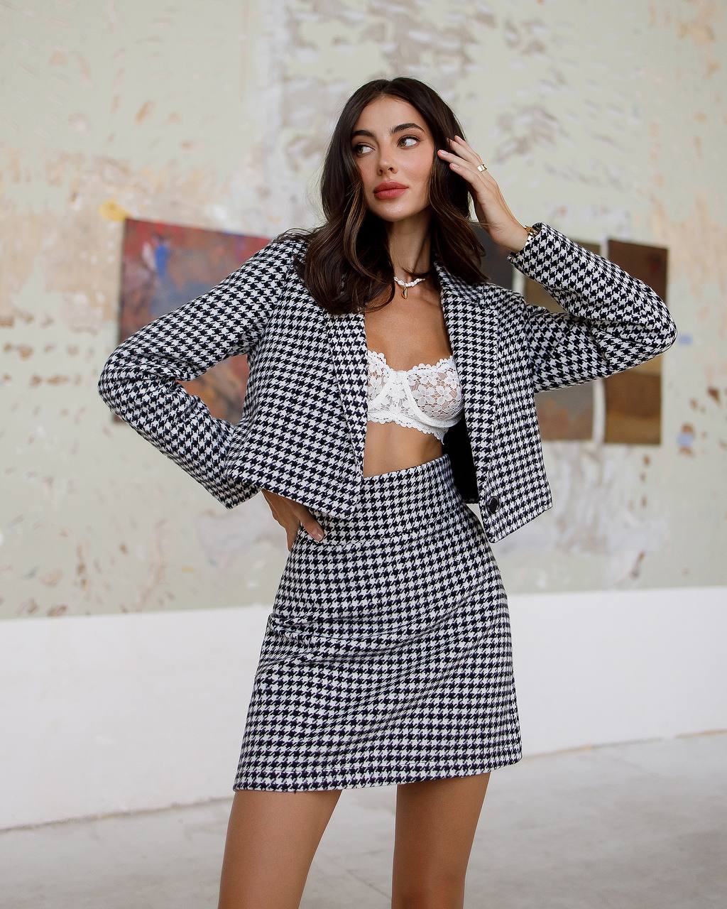 Suit crop jacket and mini skirt