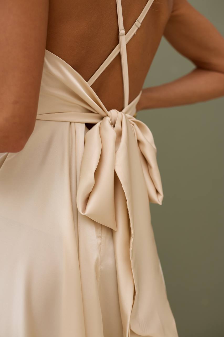 A dress with an open back and a lush skirt