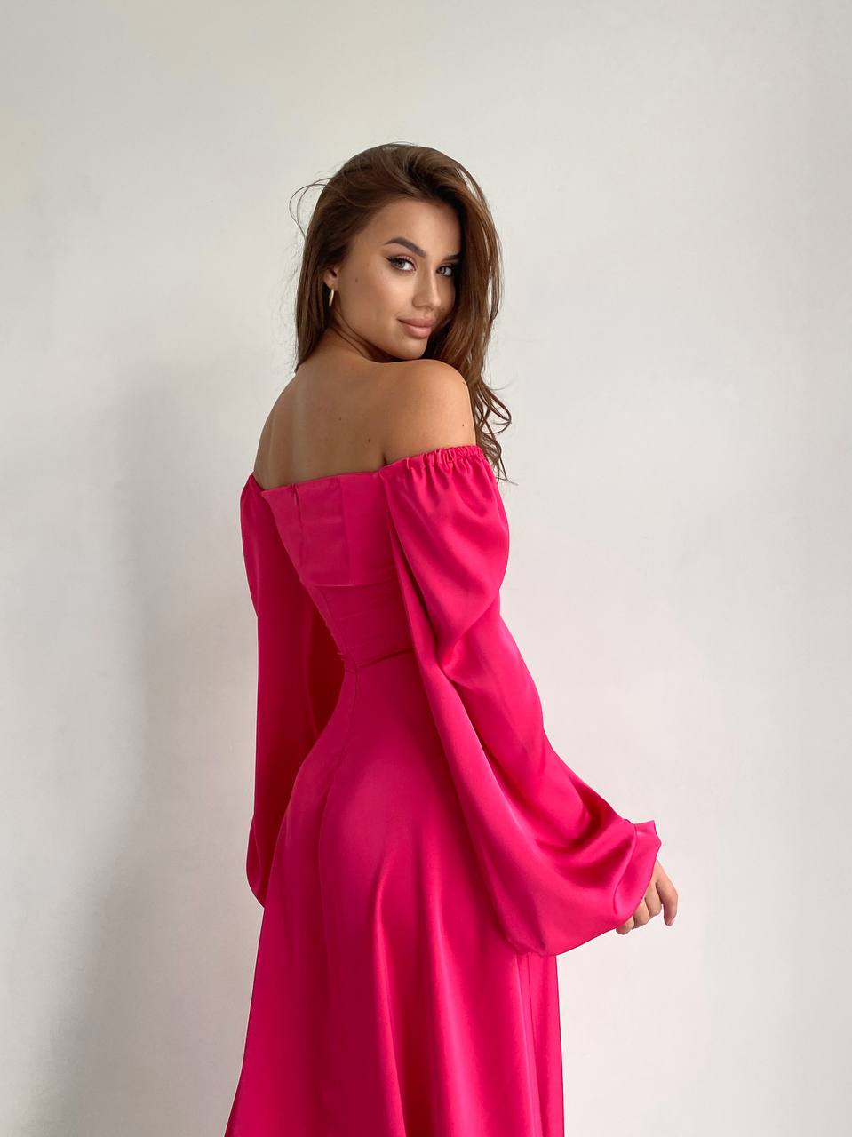 Raspberry satin maxi dress with slit