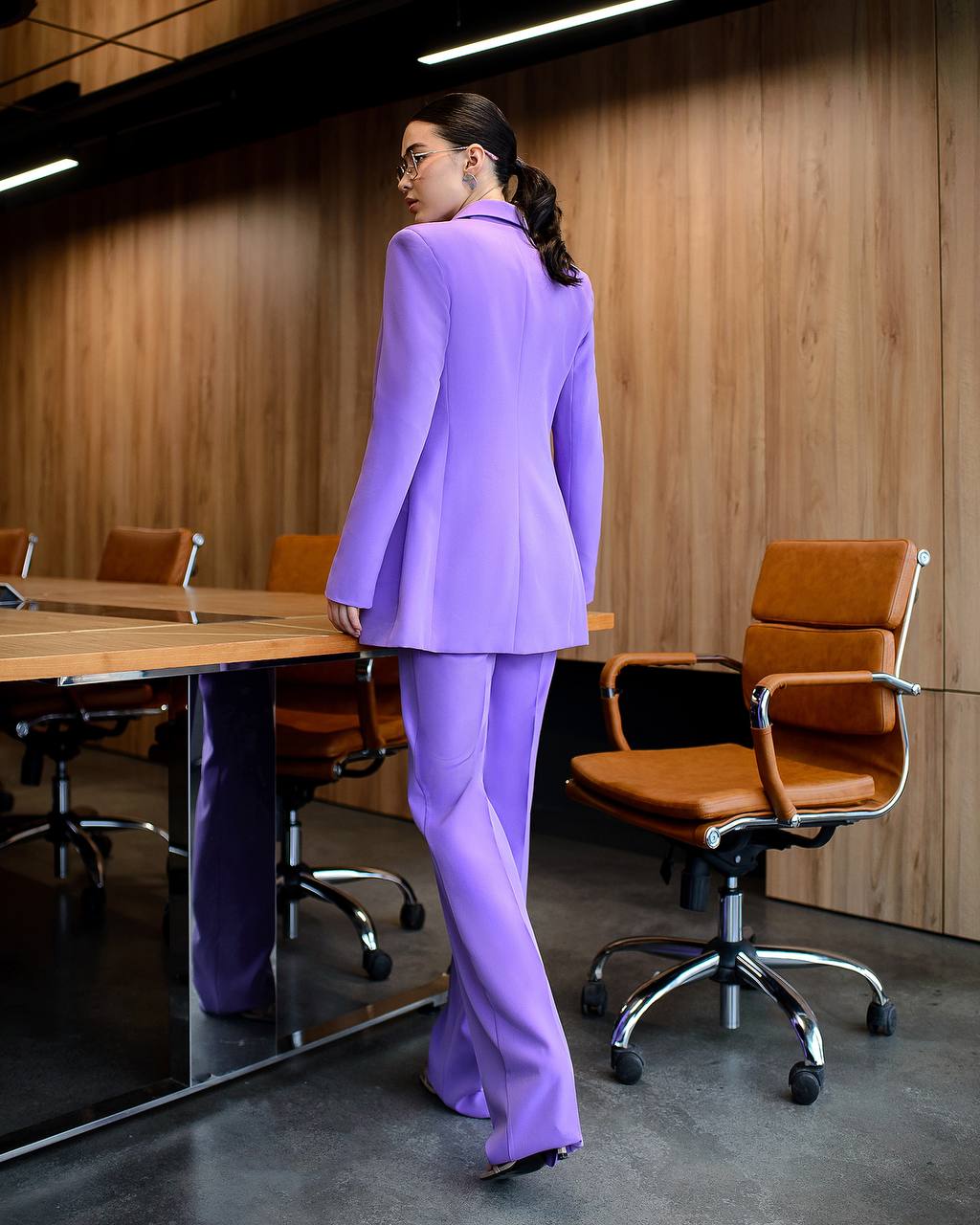 Purple three-piece suit with vest and straight pants