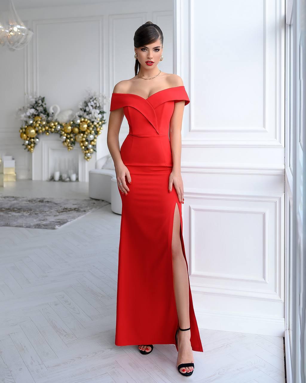 Red evening maxi dress with slit 