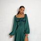 Emerald satin maxi dress with slit