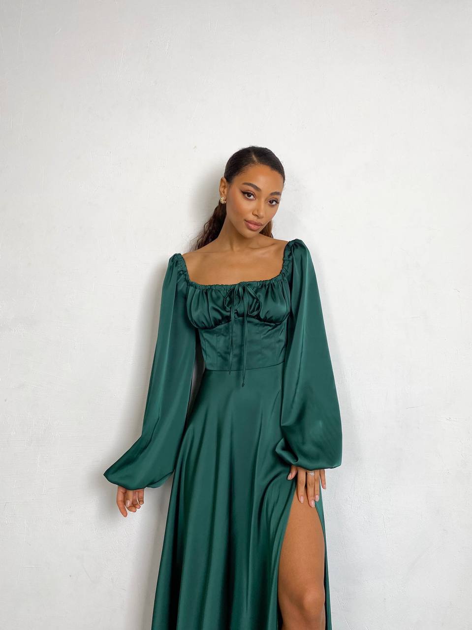 Emerald satin maxi dress with slit