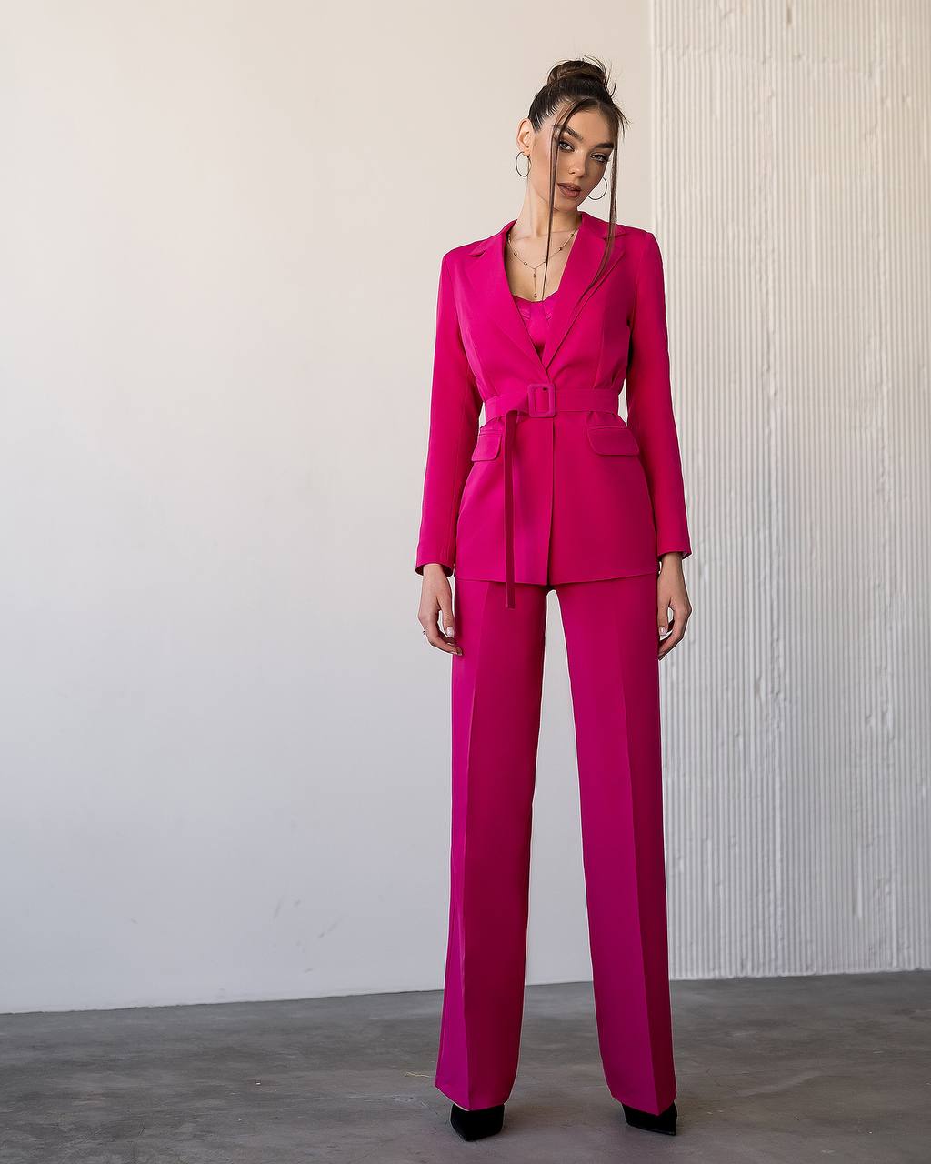 Crimson suit with wide trousers and belt included