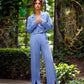 Blue suit crop jacket and pants with slits