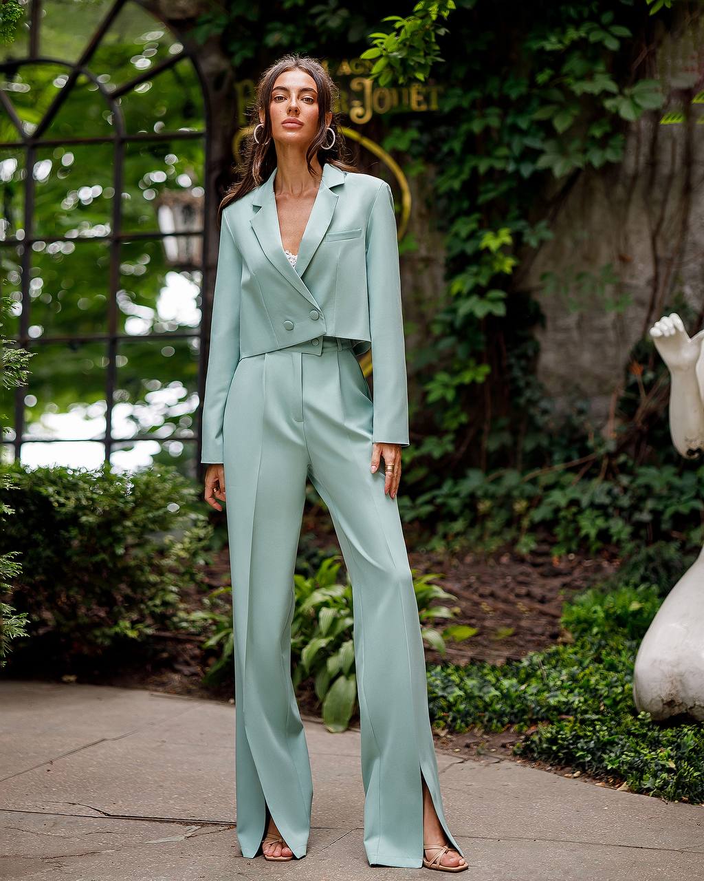 Olive suit crop jacket and pants with slits