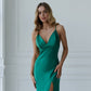 Green dress-combination maxi with a cut 