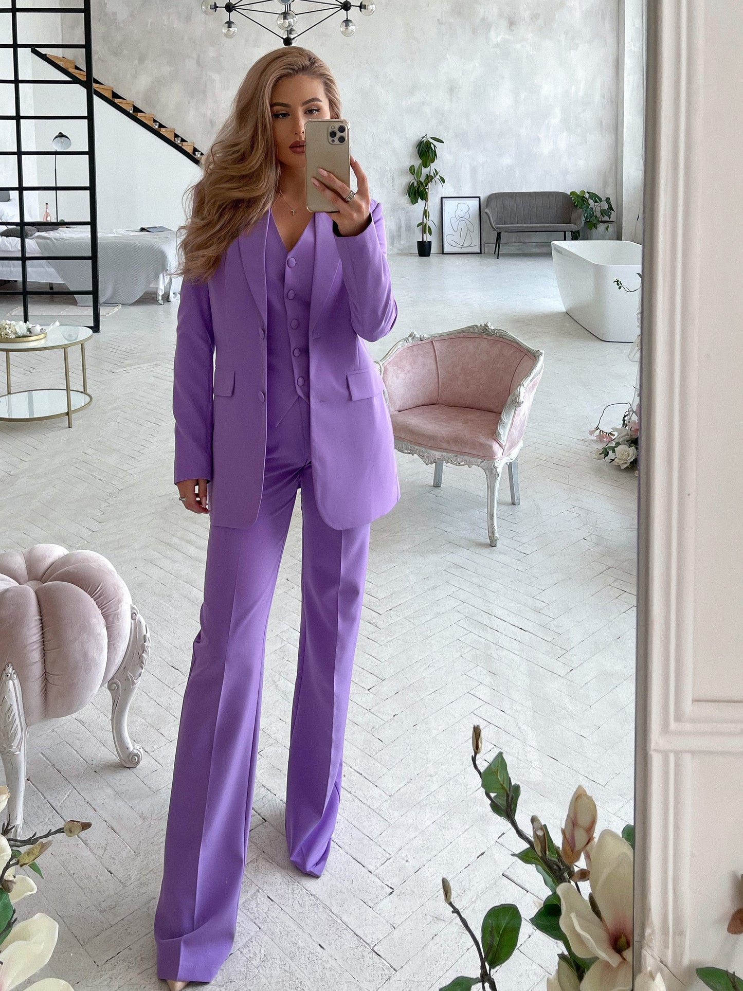 Purple three-piece suit with vest and straight pants