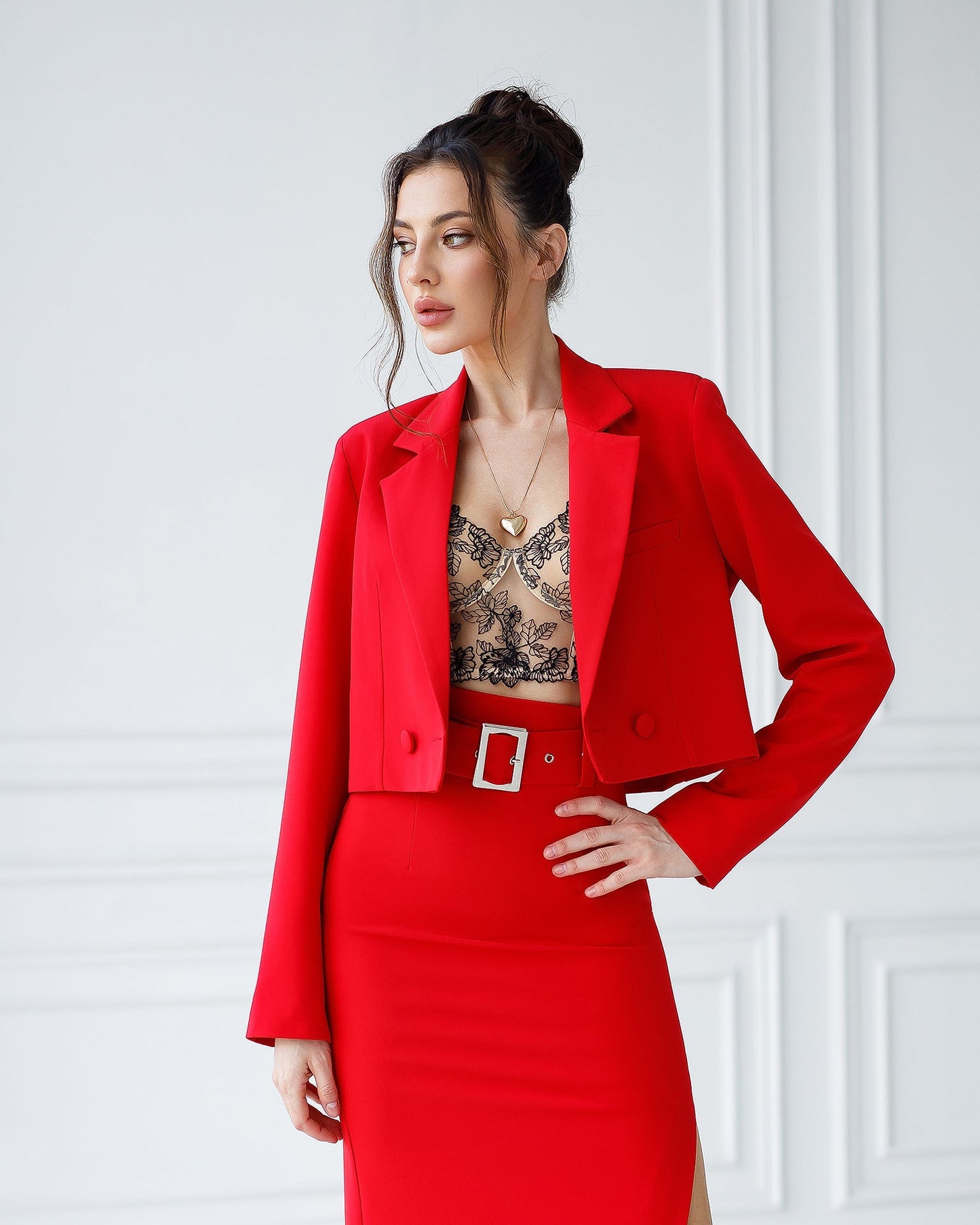 Red suit crop jacket and skirt with slit