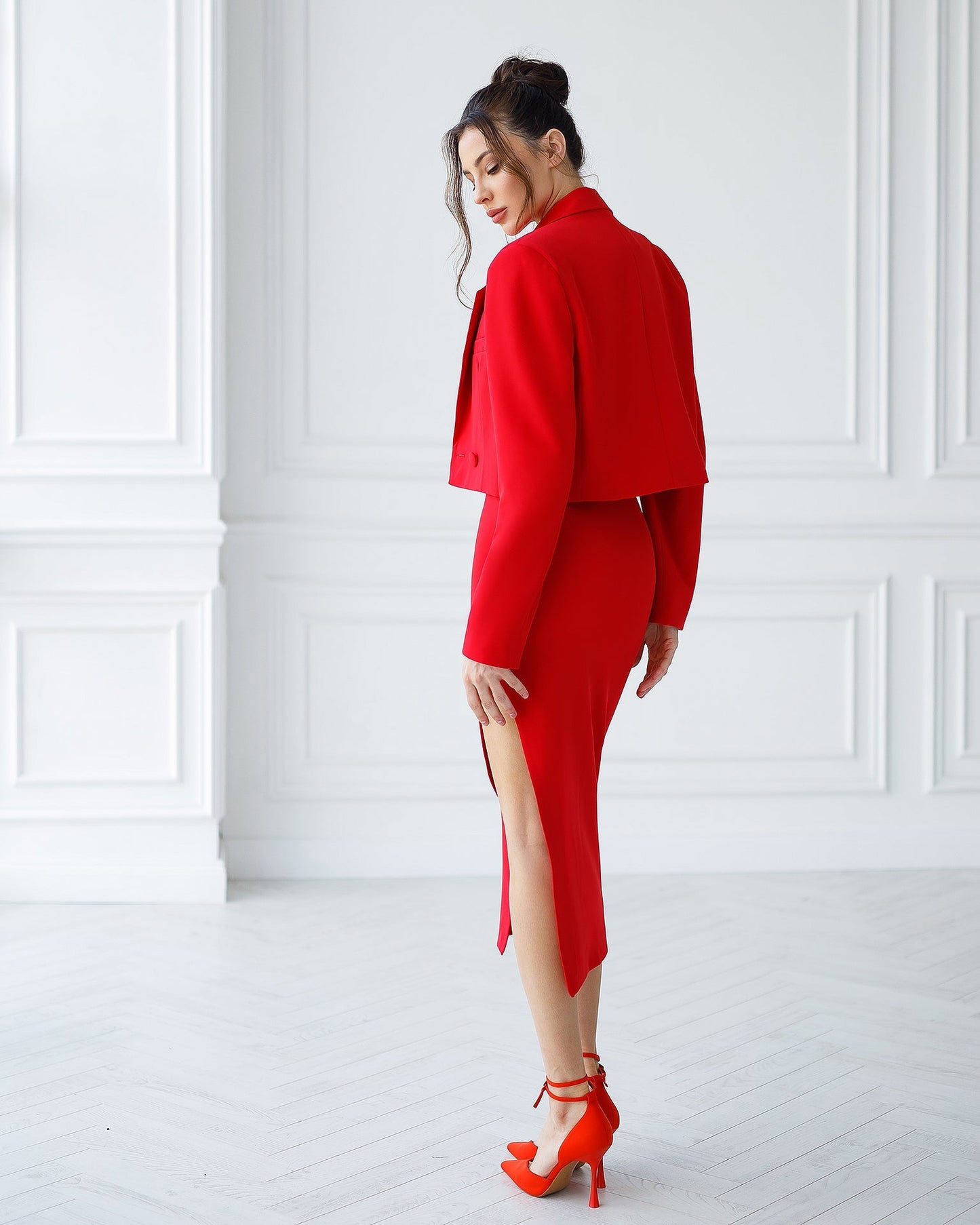 Red suit crop jacket and skirt with slit