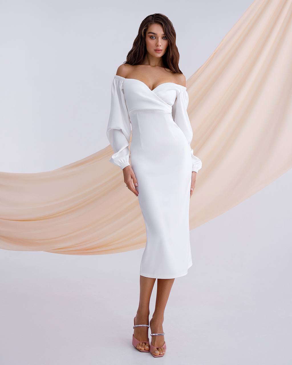 Milk satin midi dress with voluminous sleeves