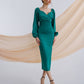 Emerald satin midi dress with voluminous sleeves